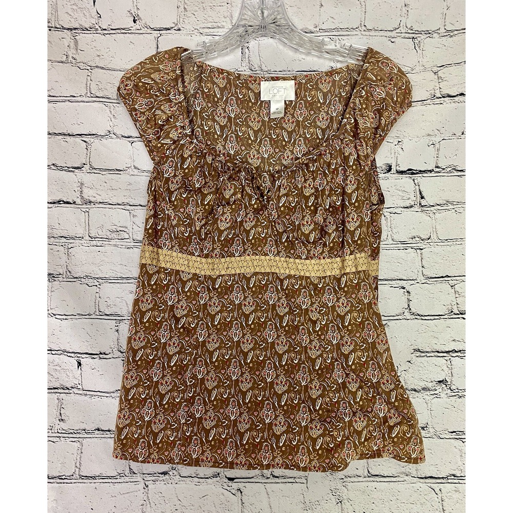 Loft Brown Red Ivory Abstract Floral/Paisley 8P Peasant Boho‎ Tank Y2k Top